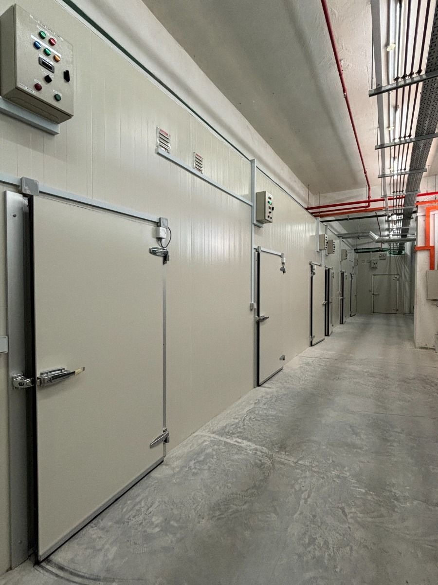 Commercial cold-room corridor with insulated panel doors and control panels.